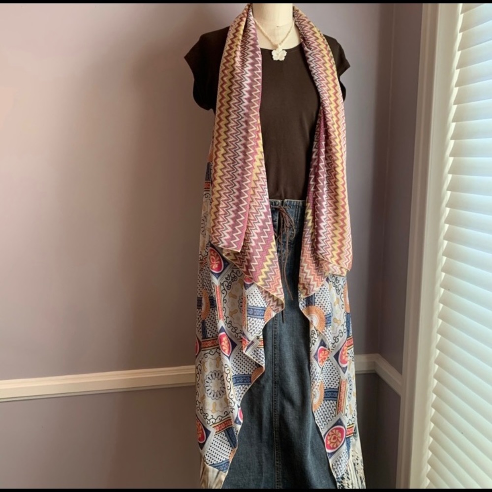 Sheer bohemian patchwork multi print sleeveless long draped front kimono vest
